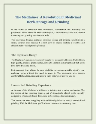 The Medtainer: A Revolution in Medicinal Herb Storage and Grinding