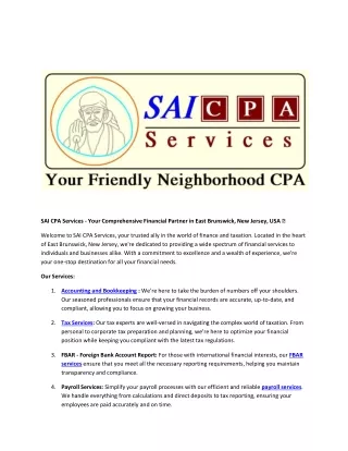 SAI CPA Services - Your Comprehensive Financial Partner in East Brunswick, New J