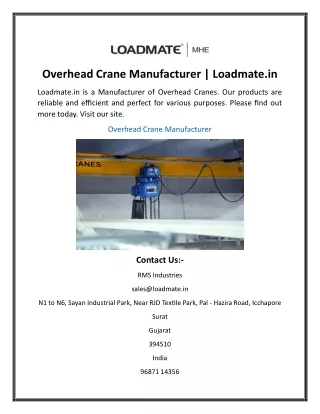 overhead crane manufacturer loadmate in