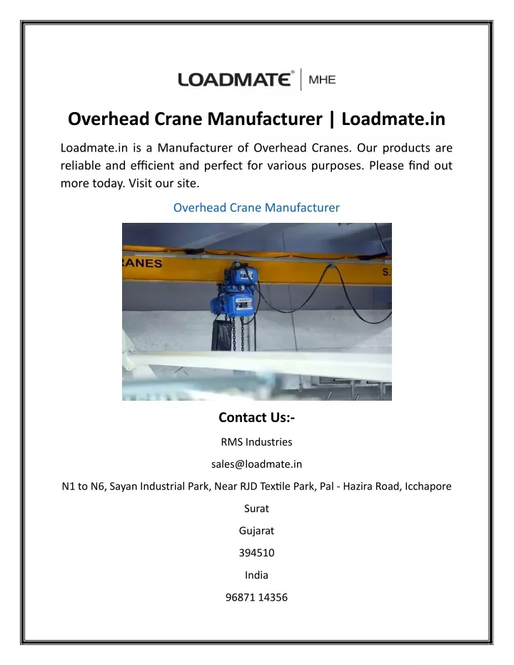 overhead crane manufacturer loadmate in