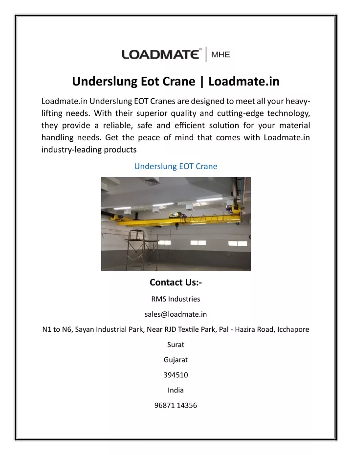 underslung eot crane loadmate in