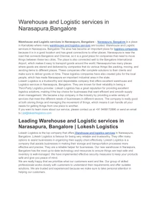 Warehouse and Logistics services in Narasapura, Bangalore