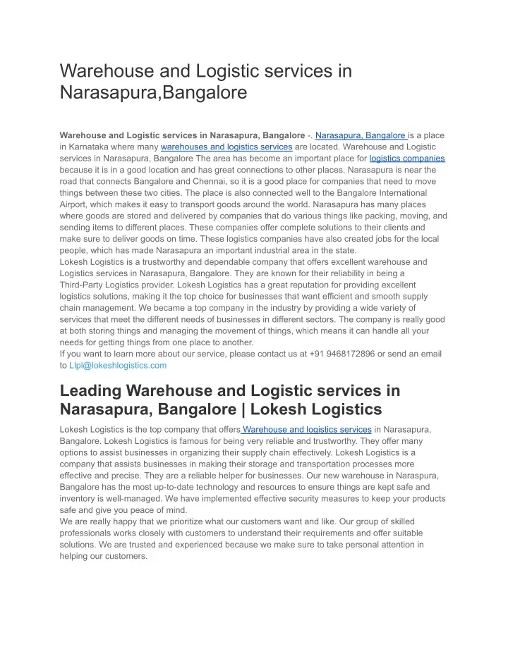 warehouse and logistic services in narasapura