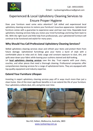 Experienced & Local Upholstery Cleaning Services to Ensure Proper Hygiene