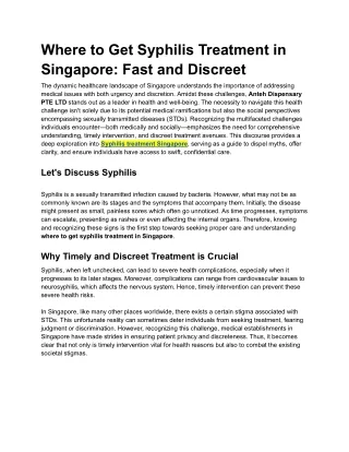 Syphilis Treatment Singapore: Fast and Discreet Options