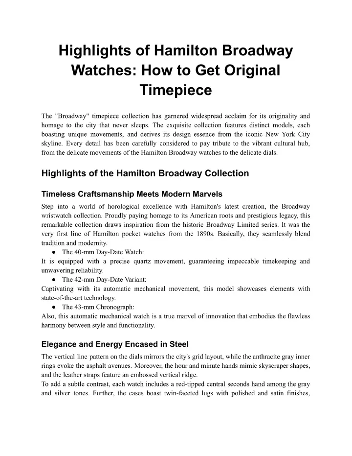 highlights of hamilton broadway watches