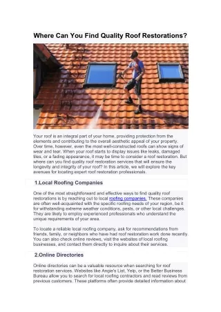 Where Can You Find Quality Roof Restorations