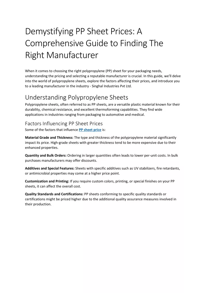 demystifying pp sheet prices a comprehensive