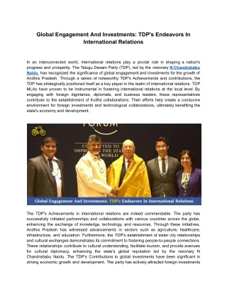 Global Engagement And Investments: TDP's Endeavors In International Relations