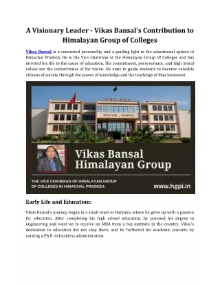 A Visionary Leader - Vikas Bansal's Contribution to Himalayan Group of Colleges