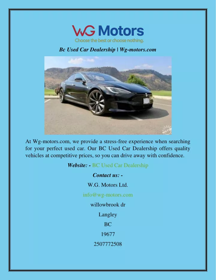 bc used car dealership wg motors com