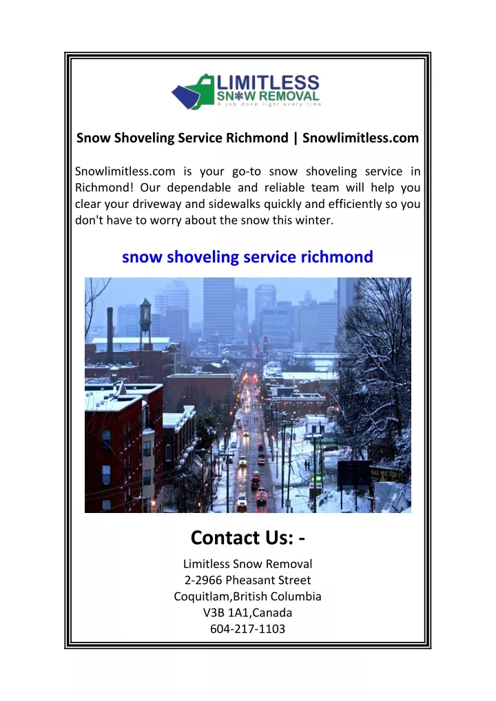 snow shoveling service richmond snowlimitless com