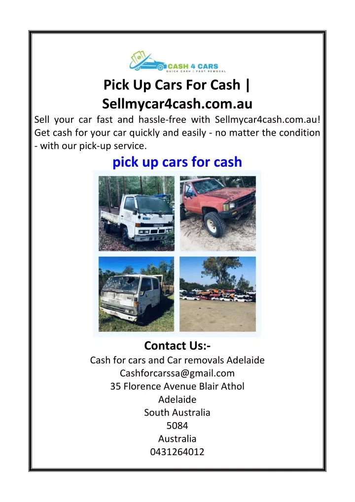 pick up cars for cash sellmycar4cash com au sell