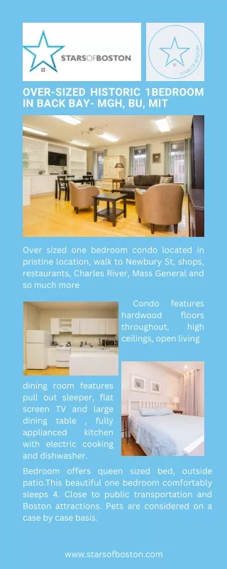 Over-sized historic 1Bedroom in Back Bay- MGH, BU, MIT