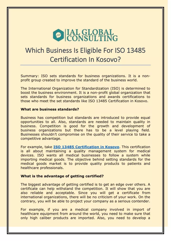 which business is eligible for iso 13485 which