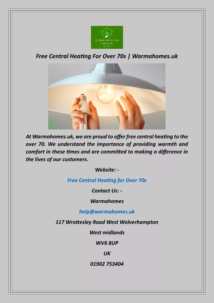 free central heating for over 70s warmahomes uk