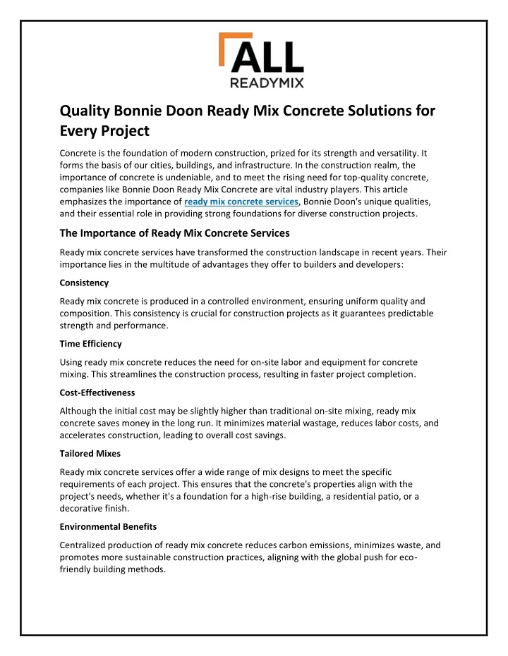 quality bonnie doon ready mix concrete solutions