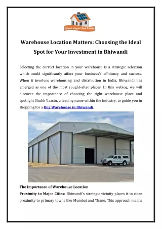 Warehouse Location Matters Choosing the Ideal Spot for Your Investment in Bhiwandi