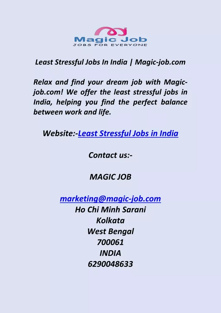 least stressful jobs in india magic job com