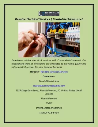 Reliable Electrical Services  Coastalelectricians.net