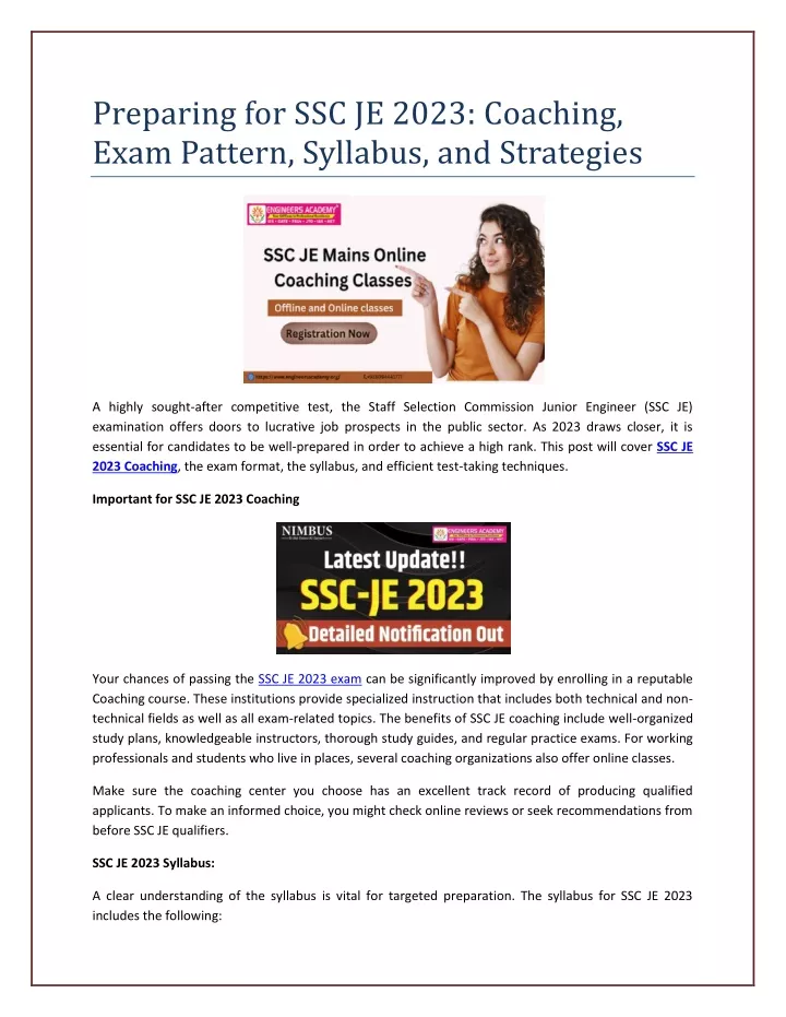 preparing for ssc je 2023 coaching exam pattern
