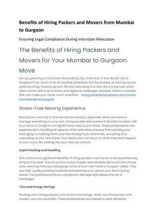 Benefits of Hiring Packers and Movers from Mumbai to Gurgaon