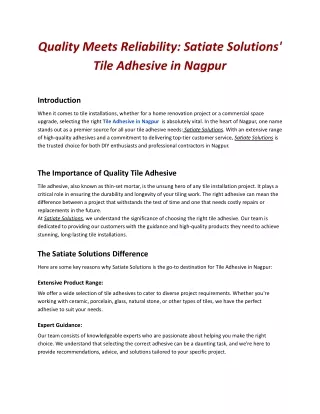 Quality Meets Reliability: Satiate Solutions' Tile Adhesive in Nagpur