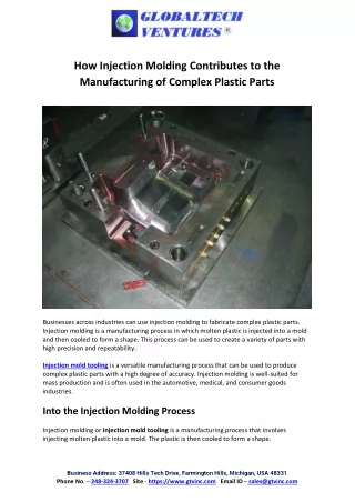 How Injection Molding Contributes to the Manufacturing of Complex Plastic Parts
