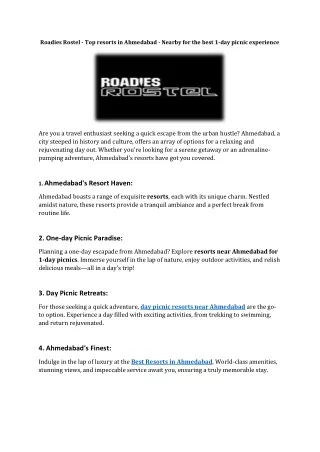 Roadies Rostel - Top resorts in Ahmedabad - Nearby for the best 1-day picnic experience