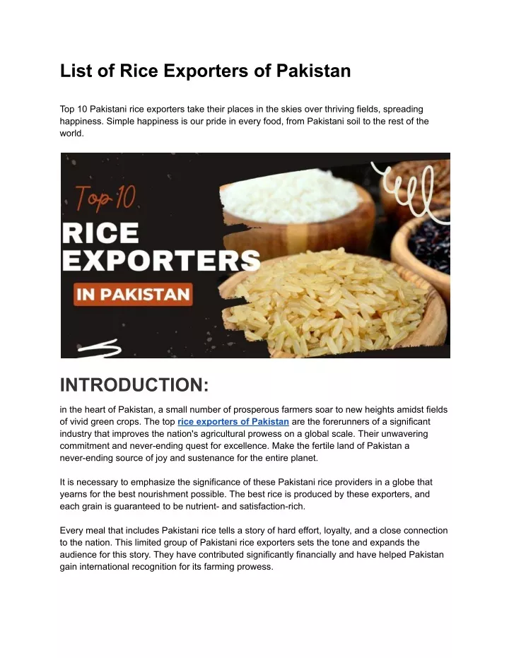 list of rice exporters of pakistan