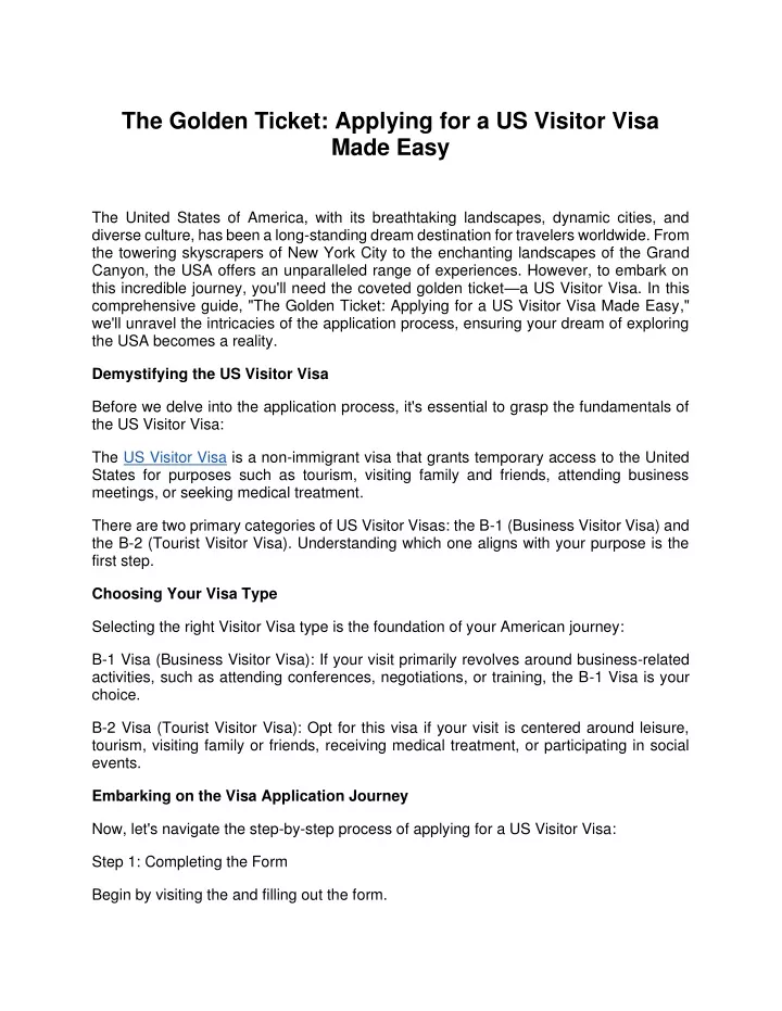 the golden ticket applying for a us visitor visa