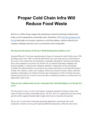Proper Cold Chain Infra Will Reduce Food Waste
