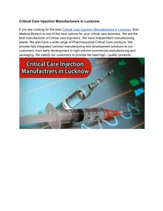 Critical Care Injection Manufacturers in Lucknow