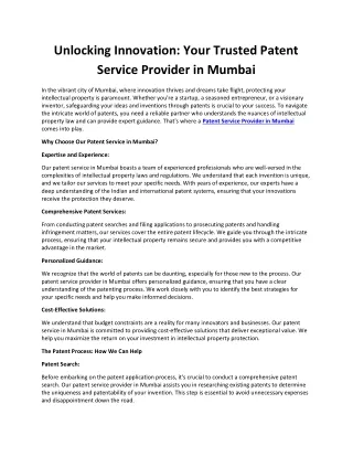 Unlocking Innovation: Your Trusted Patent Service Provider in Mumbai