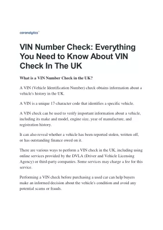 Comprehensive Vehicle Identification Number (VIN) Check | Car Analytics