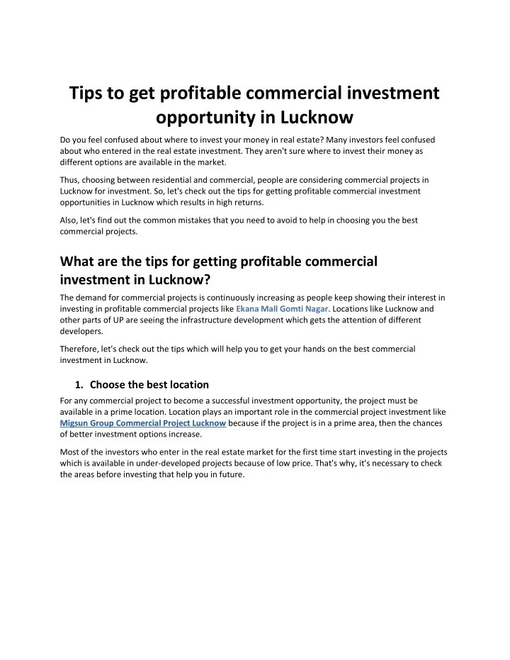 tips to get profitable commercial investment