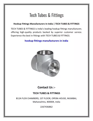 Hookup Fittings Manufacturers In India   TECH TUBES & FITTINGS