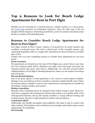 Top 9 Reasons Why You Need to Look for Beach Lodge Apartments for Rent in Port Elgin