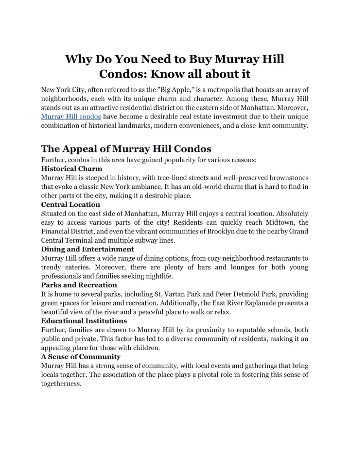 why do you need to buy murray hill condos know