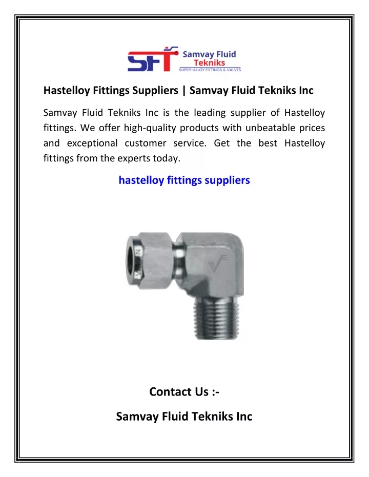 hastelloy fittings suppliers samvay fluid tekniks