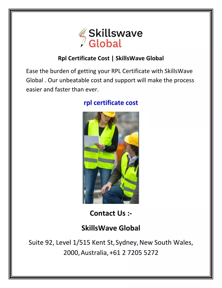 rpl certificate cost skillswave global