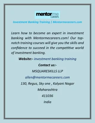 Investment Banking Training  Mentormecareers