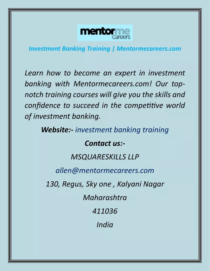 investment banking training mentormecareers com