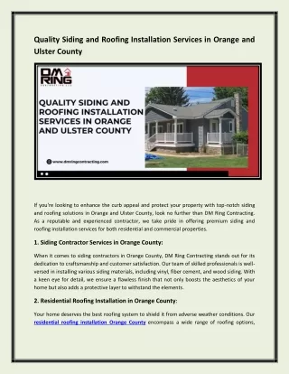 Quality Siding and Roofing Installation Services in Orange and Ulster County