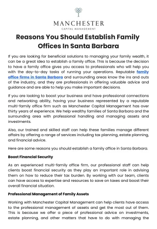 Reasons You Should Establish Family Offices In Santa Barbara
