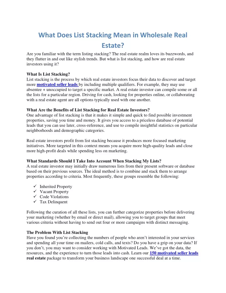 what does list stacking mean in wholesale real