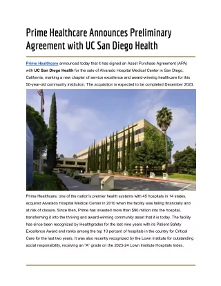 Prime Healthcare Announces Preliminary Agreement with UC San Diego Health
