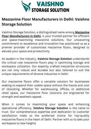 Mezzanine Floor Manufacturers in Delhi