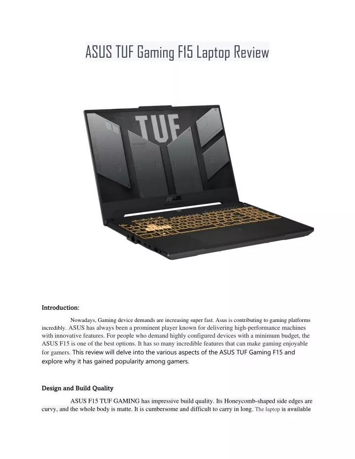 asus tuf gaming f15 laptop review