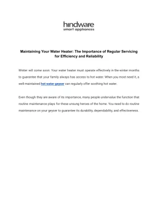Regular Water Heater Servicing for Efficiency By Hindware Appliances